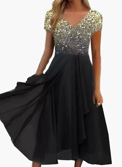 Robe de soirée élégante femme style fleuri haut chic jupe fluide événement