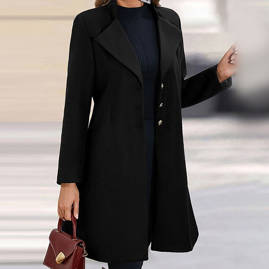 Elegant Women's Mid-Length Black Coat with Gold Buttons