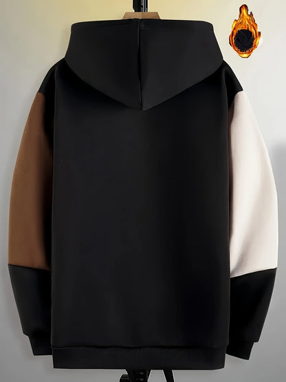 Sweat à Capuche Color Block Homme Noir Beige Marron Manches Longues Doublé Polaire