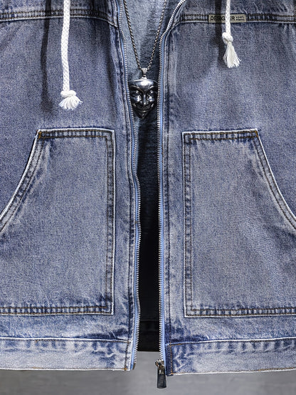 Veste sans manches à capuche pour homme en denim noir délavé