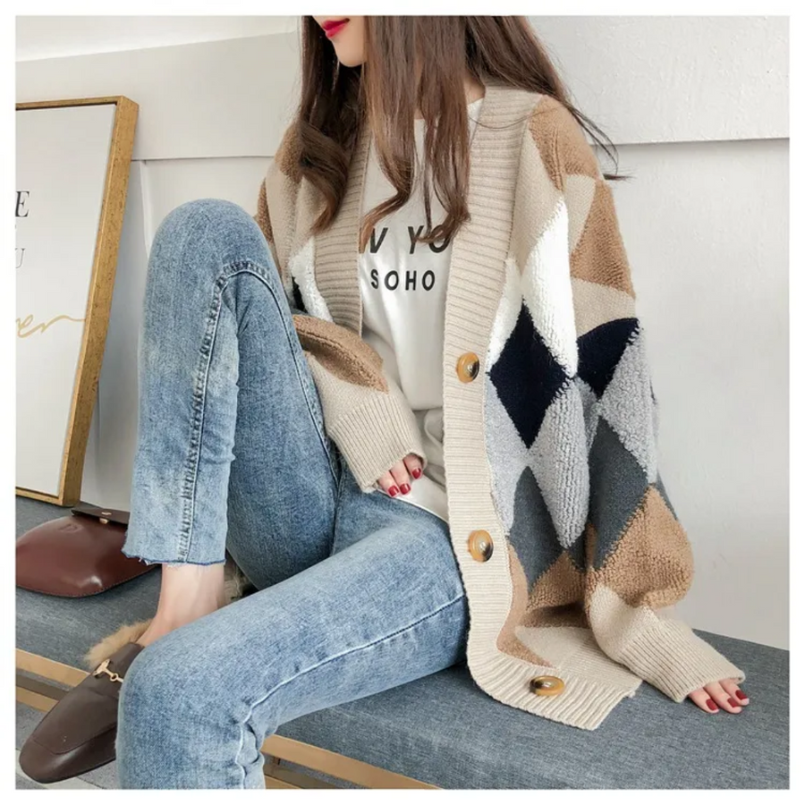 Women's Beige and Brown Textured Knit Diamond Cardigan