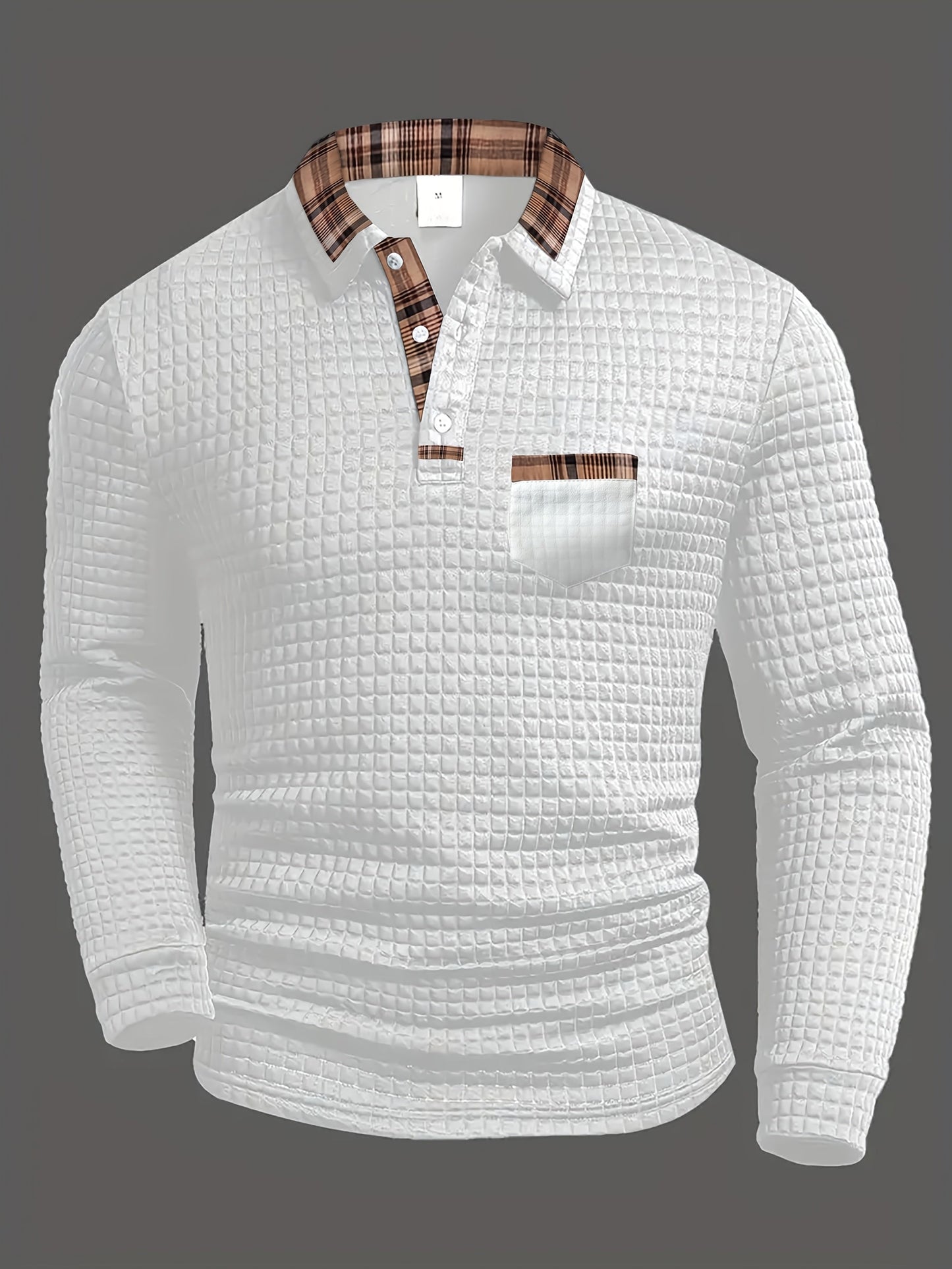 Polo homme à manches longues texturé motif gaufré avec col et poche à carreaux