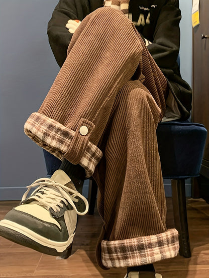 Pantalon large velours côtelé marron coupe décontractée carreaux revers