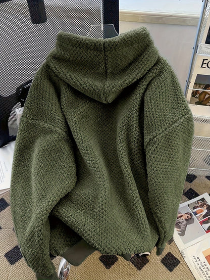 Sweat à Capuche Doux Effet Peluche Vert Militaire avec Cordon Contrastant