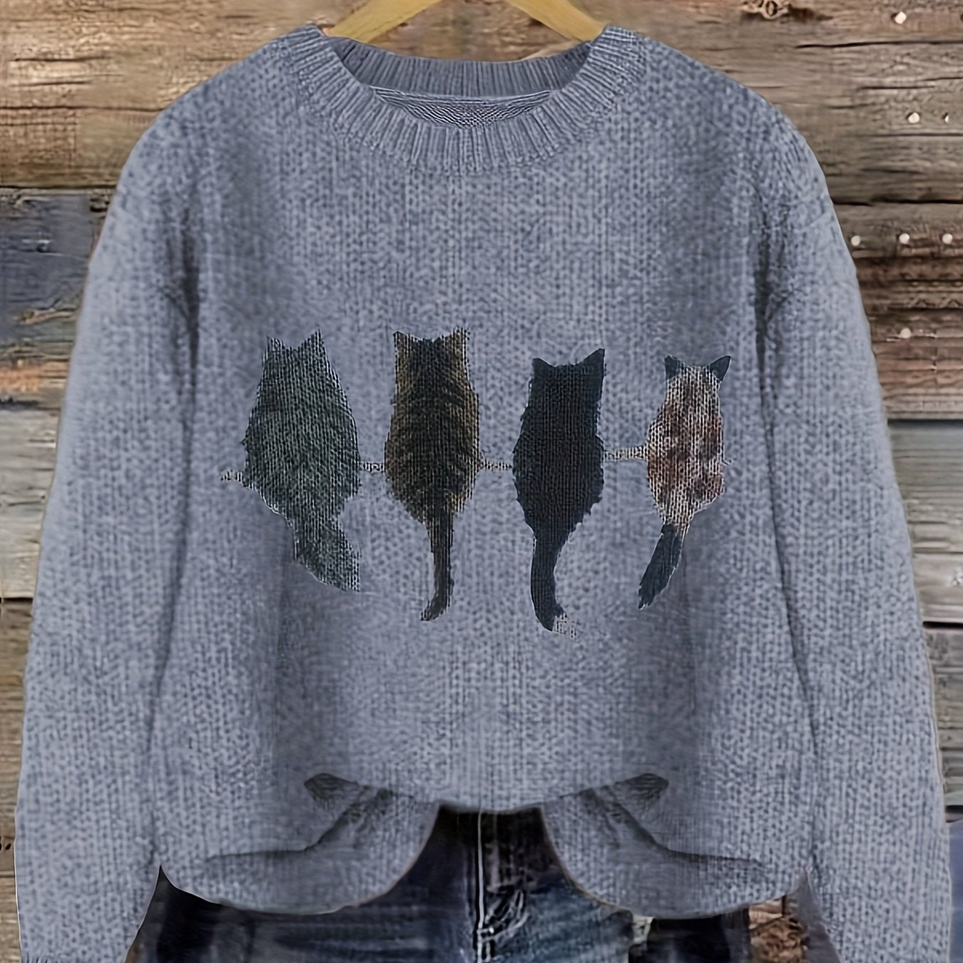 Pull en maille femme col rond à motif chats manches longues