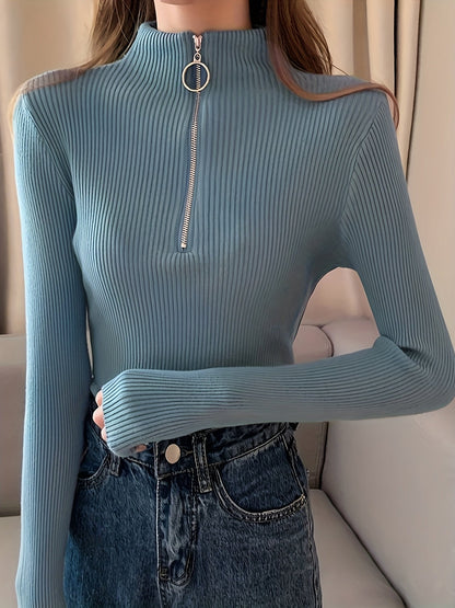 Women's Ribbed Half-Zip Mock Neck Fitted Sweater