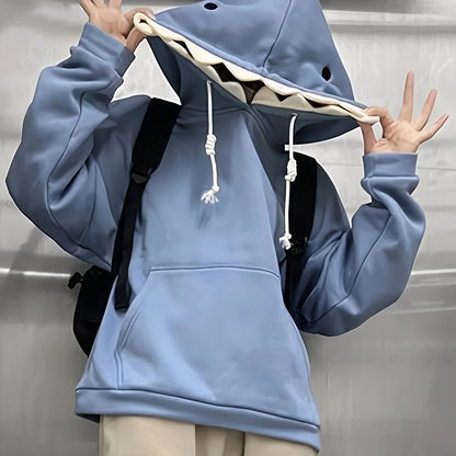 Sweat à Capuche Unisexe Bleu avec Capuche Requin à Dents 3D et Oreilles