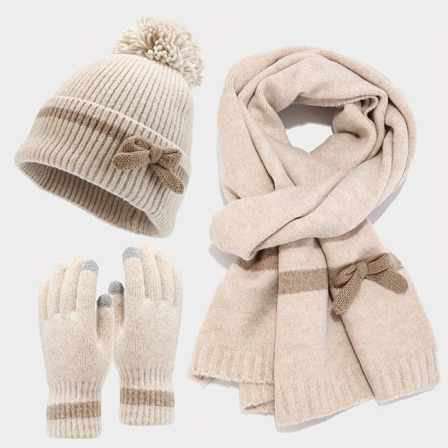 Ensemble Bonnet Écharpe Gants Tricoté Hiver avec Nœud Décoratif et Pompon pour Femme