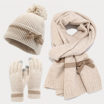 Ensemble Bonnet Écharpe Gants Tricoté Hiver avec Nœud Décoratif et Pompon pour Femme