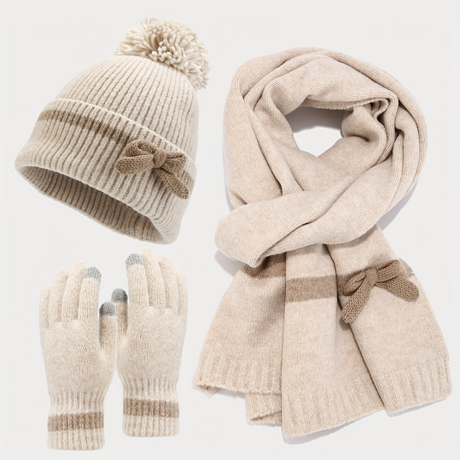 Ensemble Bonnet Écharpe Gants Tricoté Hiver avec Nœud Décoratif et Pompon pour Femme