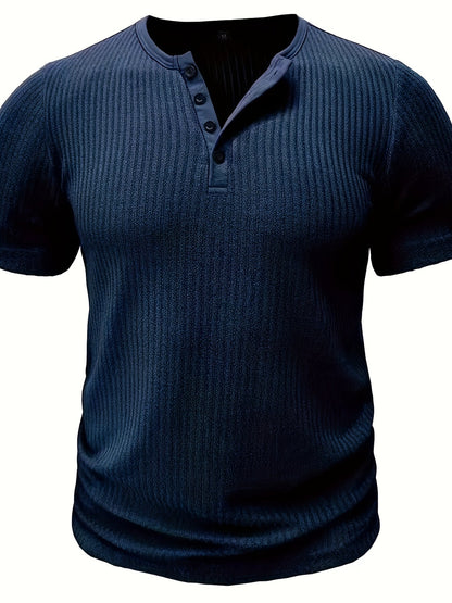 T-shirt Décontracté à Manches Courtes pour Homme Style Henley Boutonné Rayé