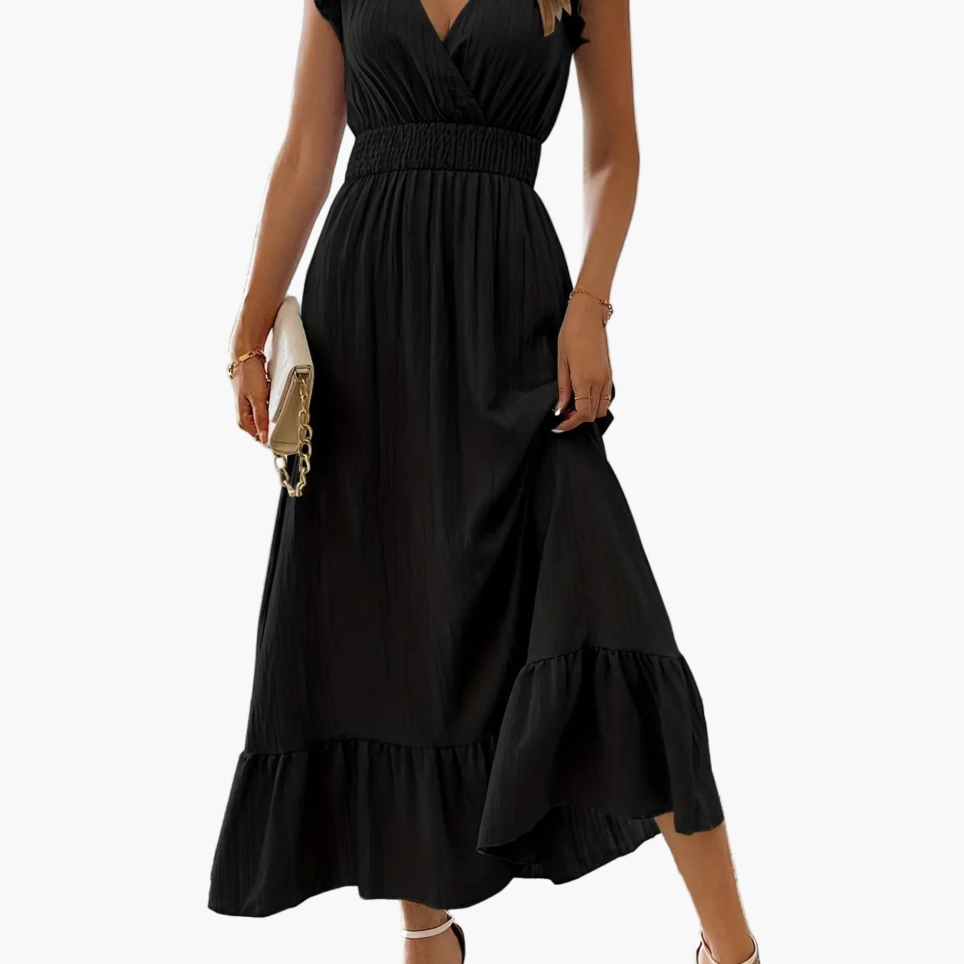Abito lungo elegante da donna stile vacanze con maniche volant e vita arricciata