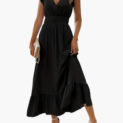 Abito lungo elegante da donna stile vacanze con maniche volant e vita arricciata