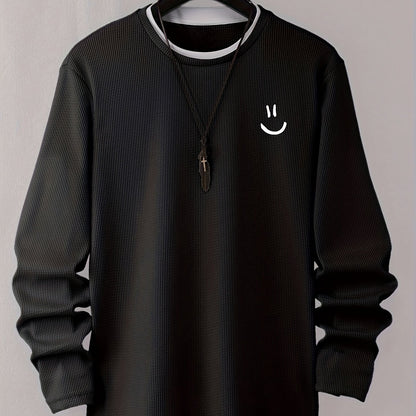 Pull homme texturé gaufré manches longues imprimé smiley col rond