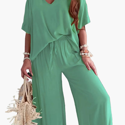 Combinaison Pantalon Femme Style Décontracté Chic à Manches Courtes et Col V – Parfaite pour Printemps et Été
