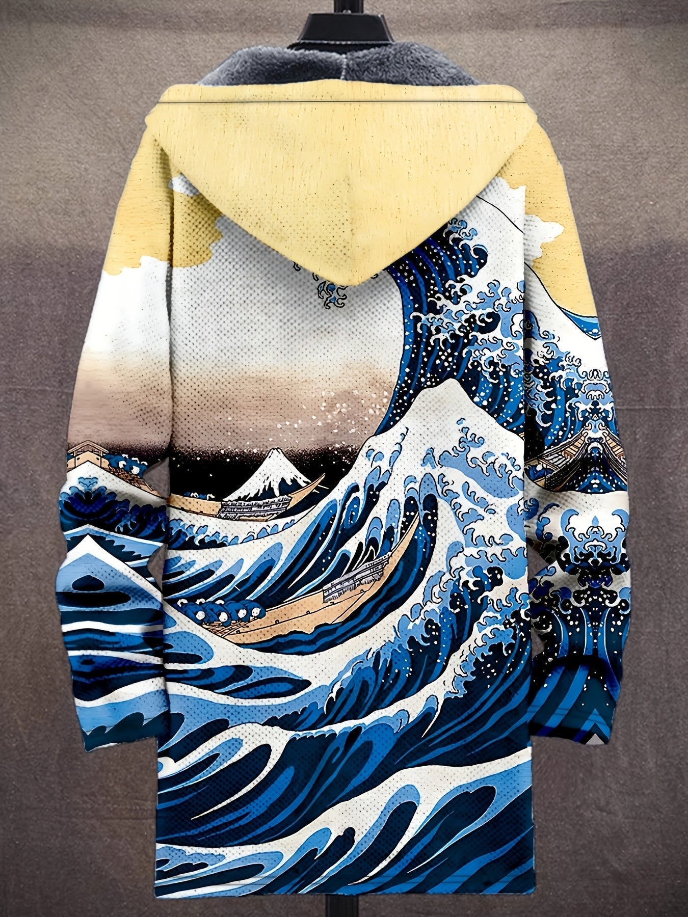 Manteau à capuche doublé en polaire imprimé fantaisie pour homme, fermeture éclair, motif vagues ou animaux