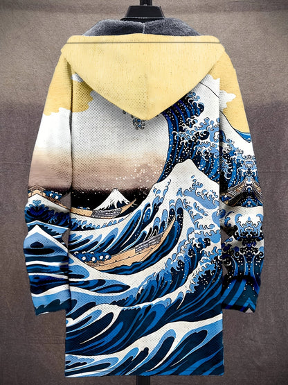 Manteau à capuche doublé en polaire imprimé fantaisie pour homme, fermeture éclair, motif vagues ou animaux