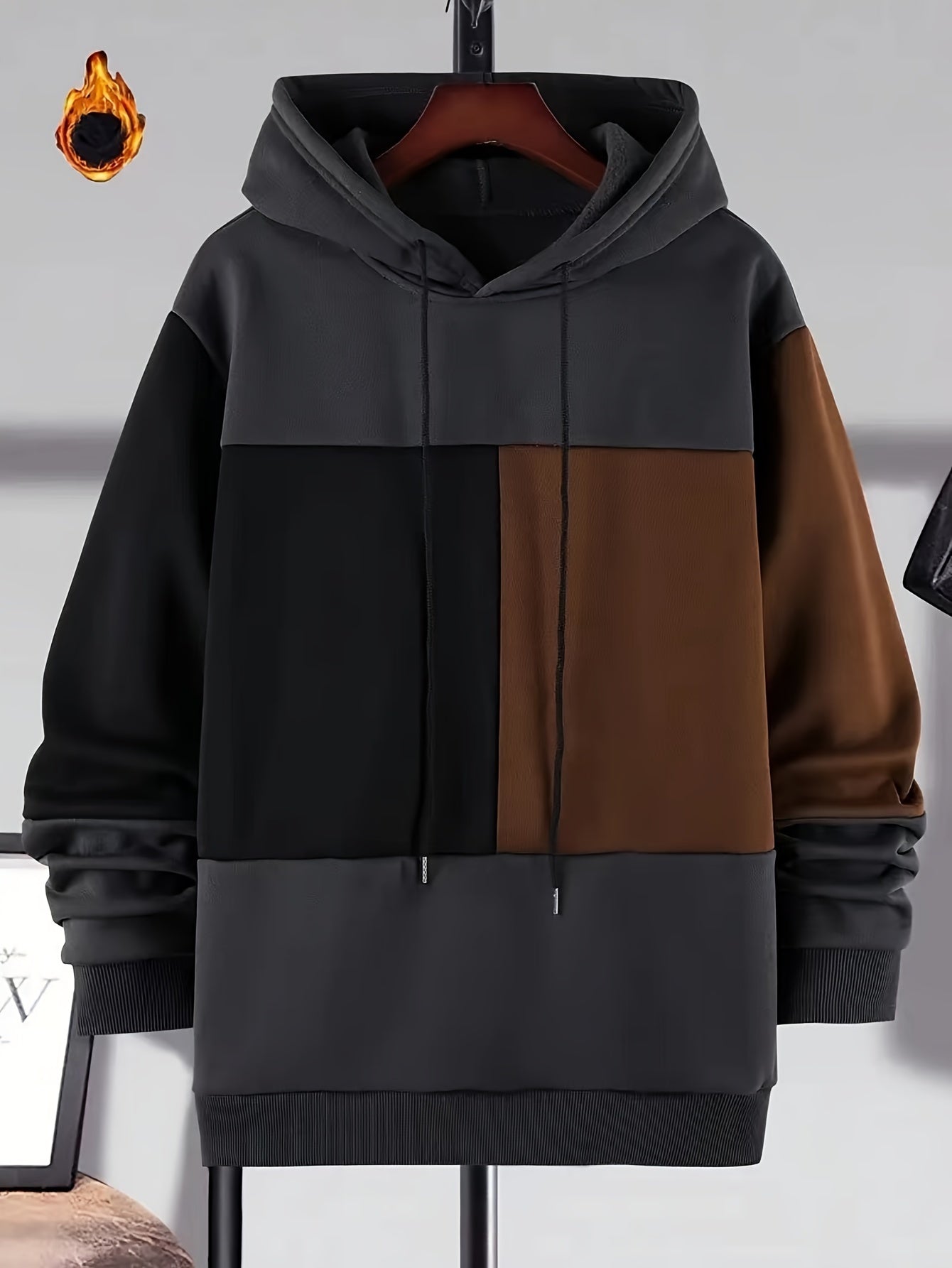 Sweat à Capuche Color Block Homme Noir Beige Marron Manches Longues Doublé Polaire