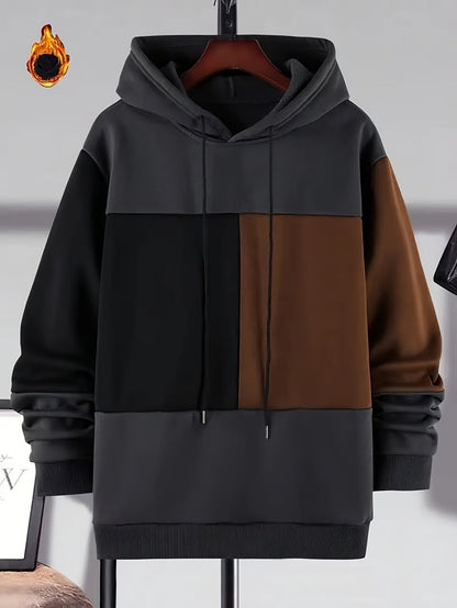 Sweat à Capuche Color Block Homme Noir Beige Marron Manches Longues Doublé Polaire
