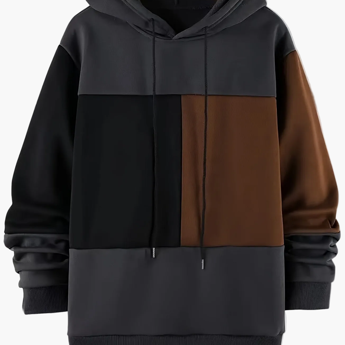 Sweat à Capuche Color Block Homme Noir Beige Marron Manches Longues Doublé Polaire