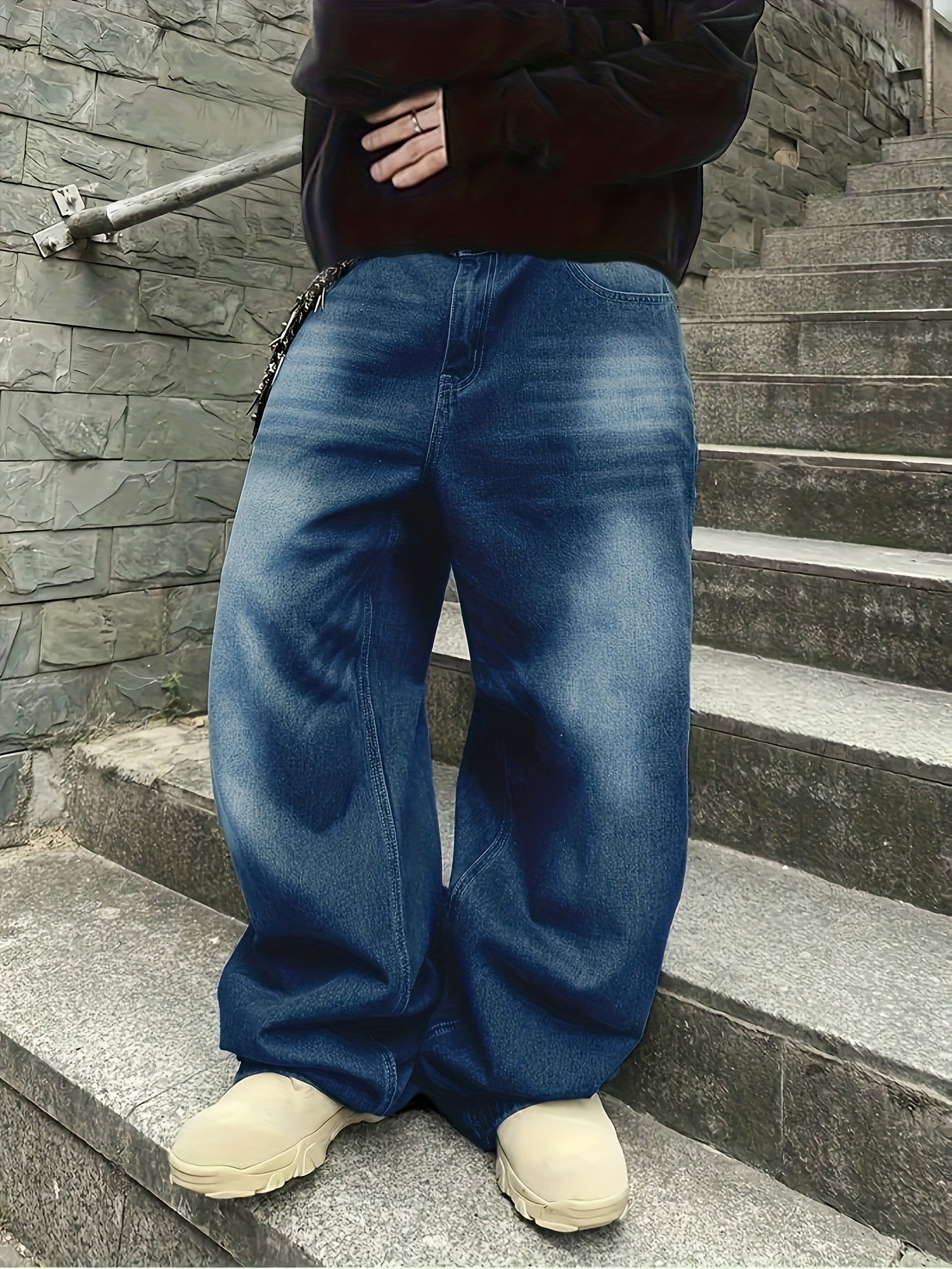 Jean large délavé coupe baggy bleu foncé style urbain unisexe