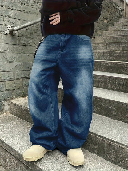 Jean large délavé coupe baggy bleu foncé style urbain unisexe