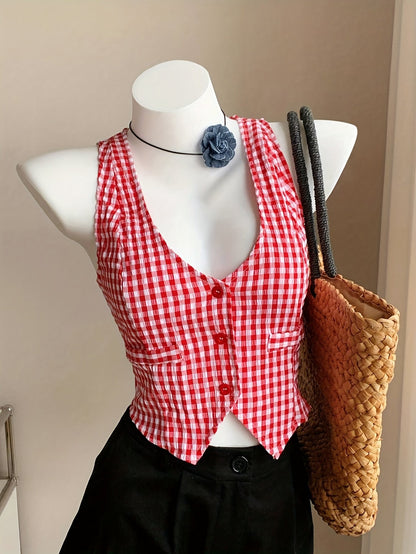 Gilet court à carreaux style élégant pour femme – Idéal printemps/été, sans manches, coupe ajustée