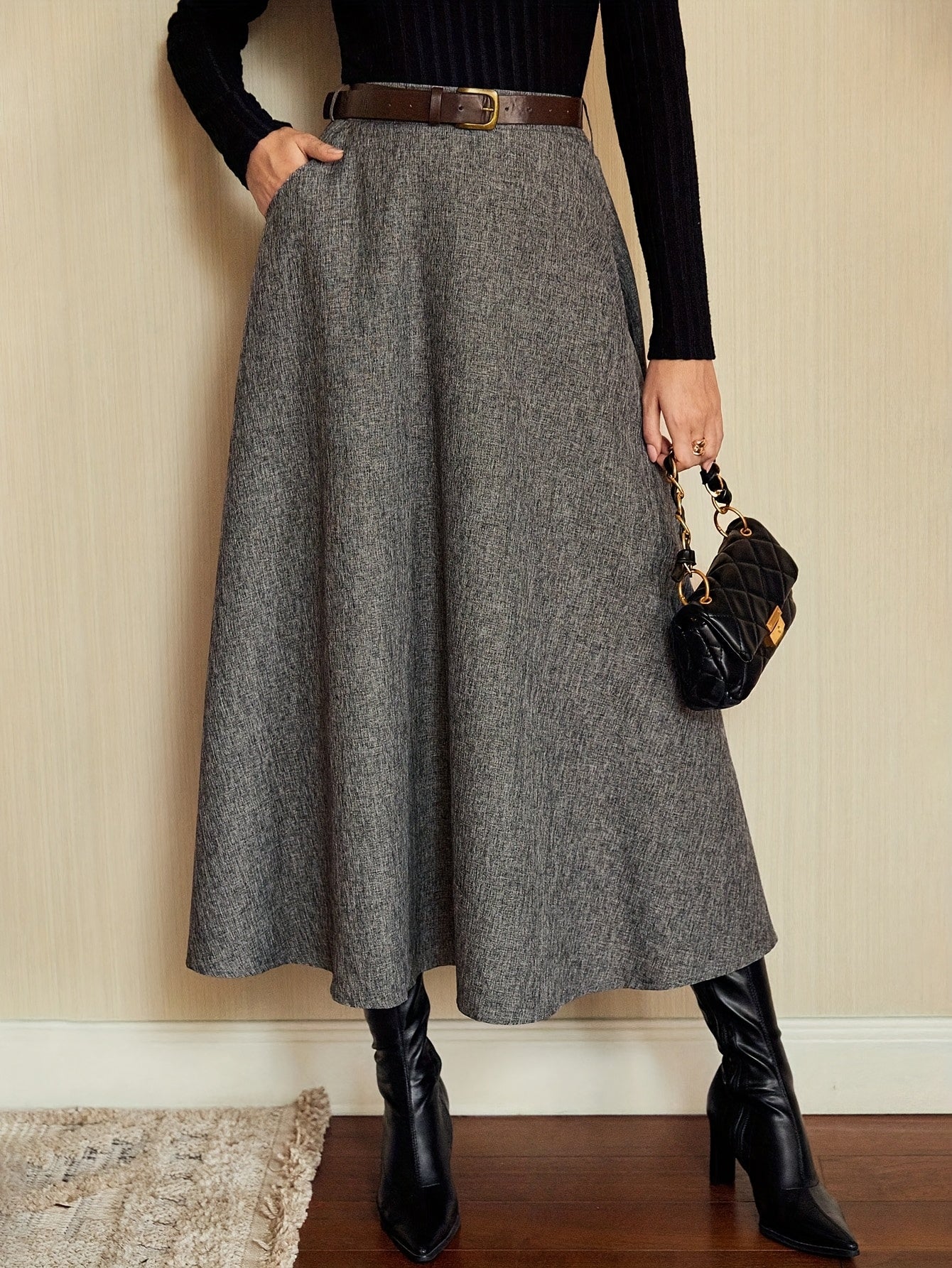 Jupe longue évasée taille haute unie gris chiné pour femme