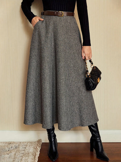 Jupe longue évasée taille haute unie gris chiné pour femme