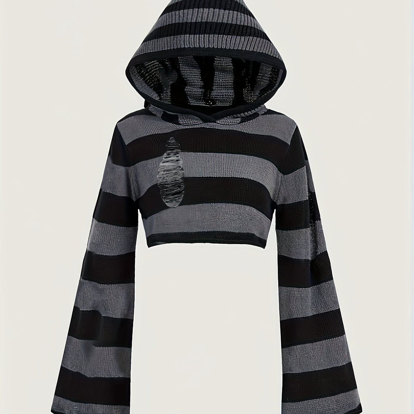 Haut court à capuche rayé noir et gris manches évasées