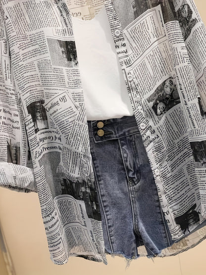 Chemise Femme Style Journal Imprimé avec Débardeur et Short Taille Haute, Tendance Urbaine Casual