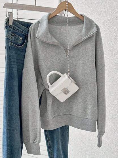 Sweatshirt Femme Col Zippé Gris à Manches Longues Doux