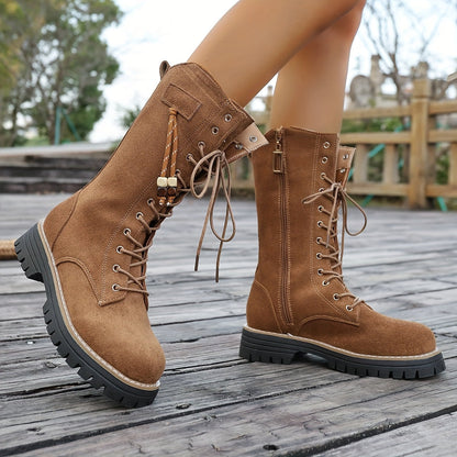 Bottes hautes camel lacées avec fermeture éclair latérale et semelle crantée pour femme