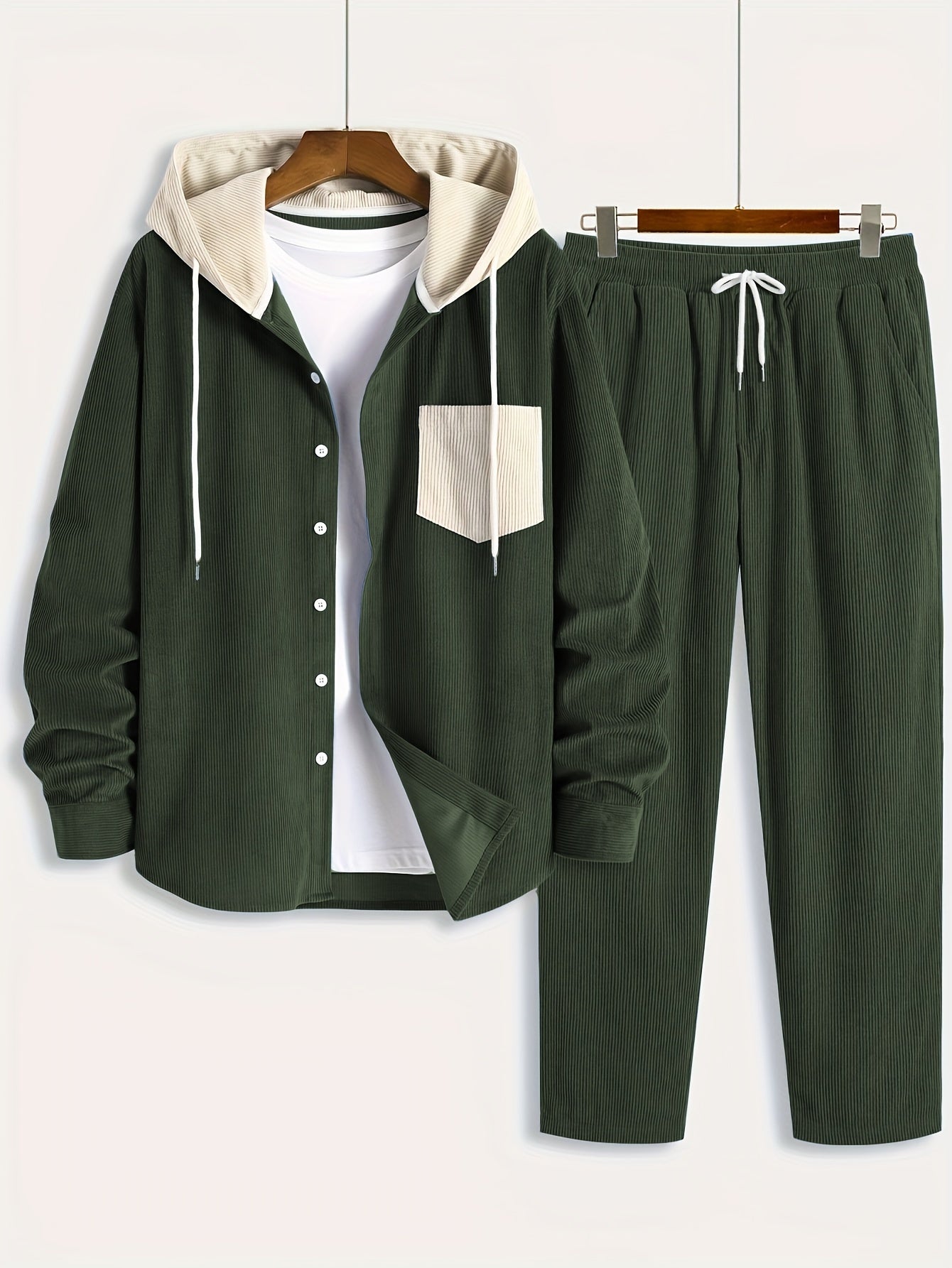 Ensemble Homme Côtelé Chemise à Capuche et Pantalon Couleur Unie