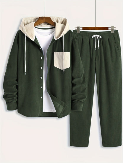 Ensemble Homme Côtelé Chemise à Capuche et Pantalon Couleur Unie