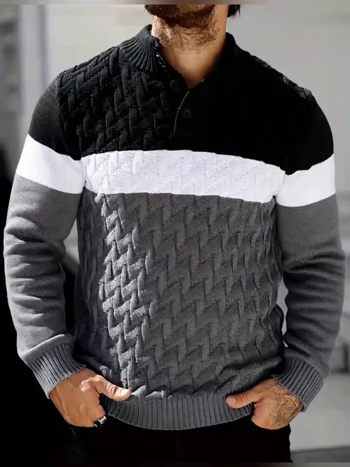 Pull homme tricoté à col montant boutonné rayé