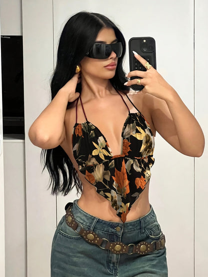 Body na plecy dla kobiet w stylu boho z kwiatowym wzorem na modny letni look