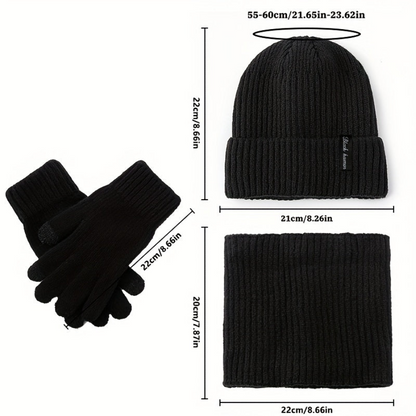 Ensemble Bonnet Écharpe Tour de Cou et Gants Unisexe Tricot Doublé Polaire Hiver