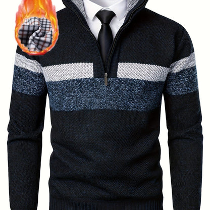 Pull homme tricoté à rayures, col montant zippé, doublure polaire beige et marron