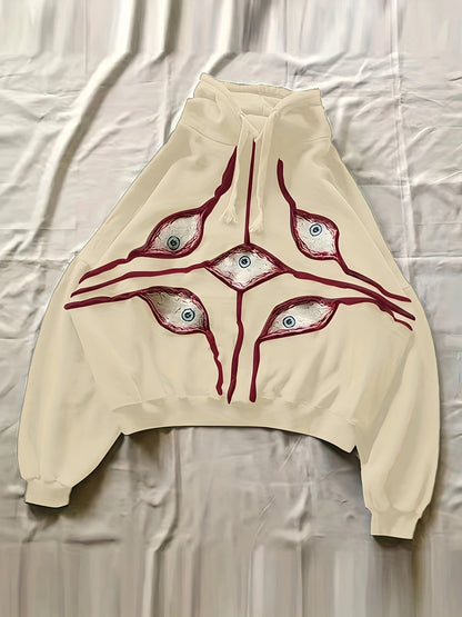 Sweat à Capuche Gris Anthracite Ample avec Motifs Yeux Stylisés