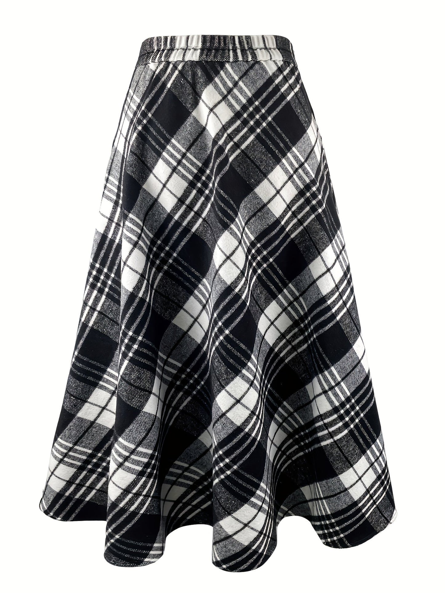Jupe longue évasée à carreaux style écossais noir et blanc pour femme
