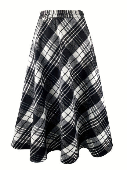 Jupe longue évasée à carreaux style écossais noir et blanc pour femme