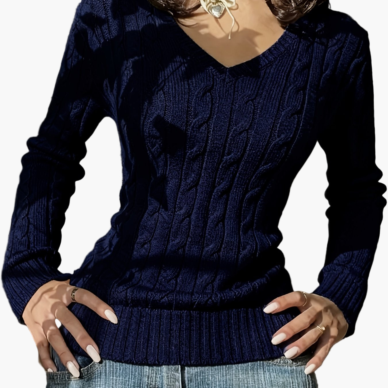 Pull Femme Style Casual à Col V et Motif Câble - Élégance Quotidienne