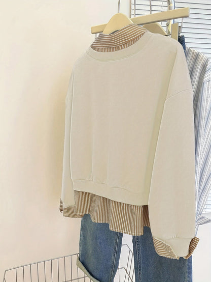 Sweat-shirt Femme à Superposition Chemise Rayée Col Classique