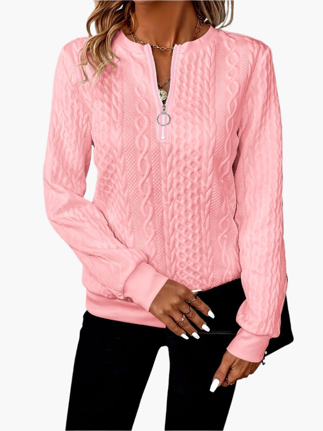Women's Casual Elegant Cable Knit Pullover with Zipper – Ideal for Autumn and Winter