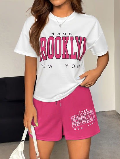 Conjunto casual para mujer estilo universitario con camiseta y pantalones cortos estampados Brooklyn Nueva York