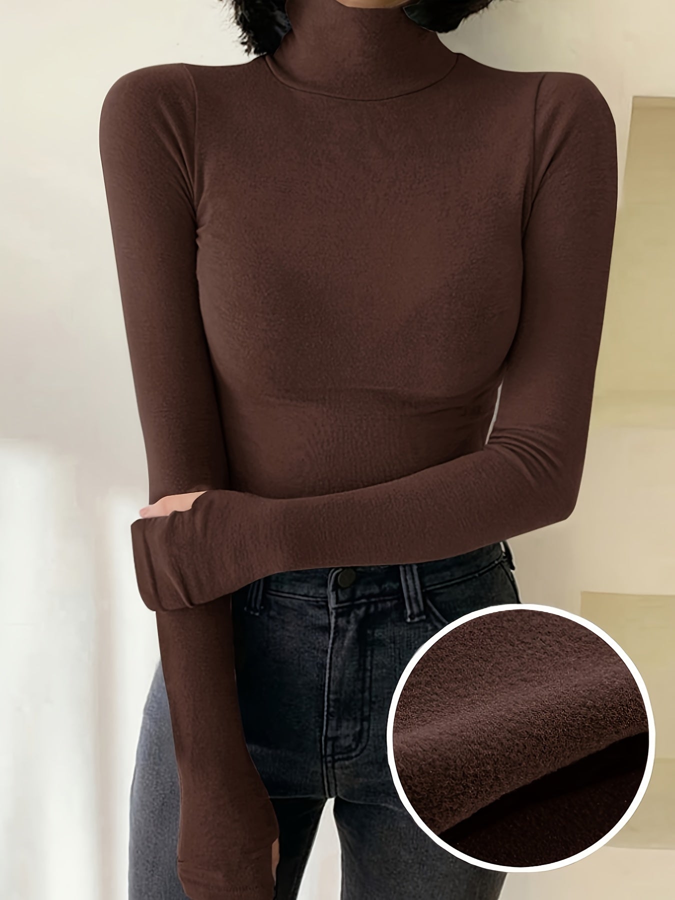 T-shirt Femme Col Roulé Manches Longues avec Trous pour Pouces Chaud Doux Couleur Unie