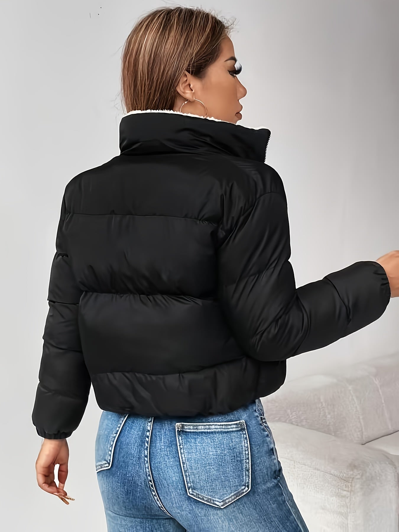 Doudoune Courte Femme Matelassée Col Montant Doublure Douce Noir