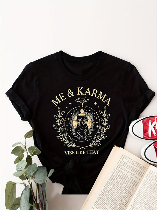 T-shirt femme style vintage imprimé chat mystique "Me & Karma" – idéal pour esprit libre et look décontracté