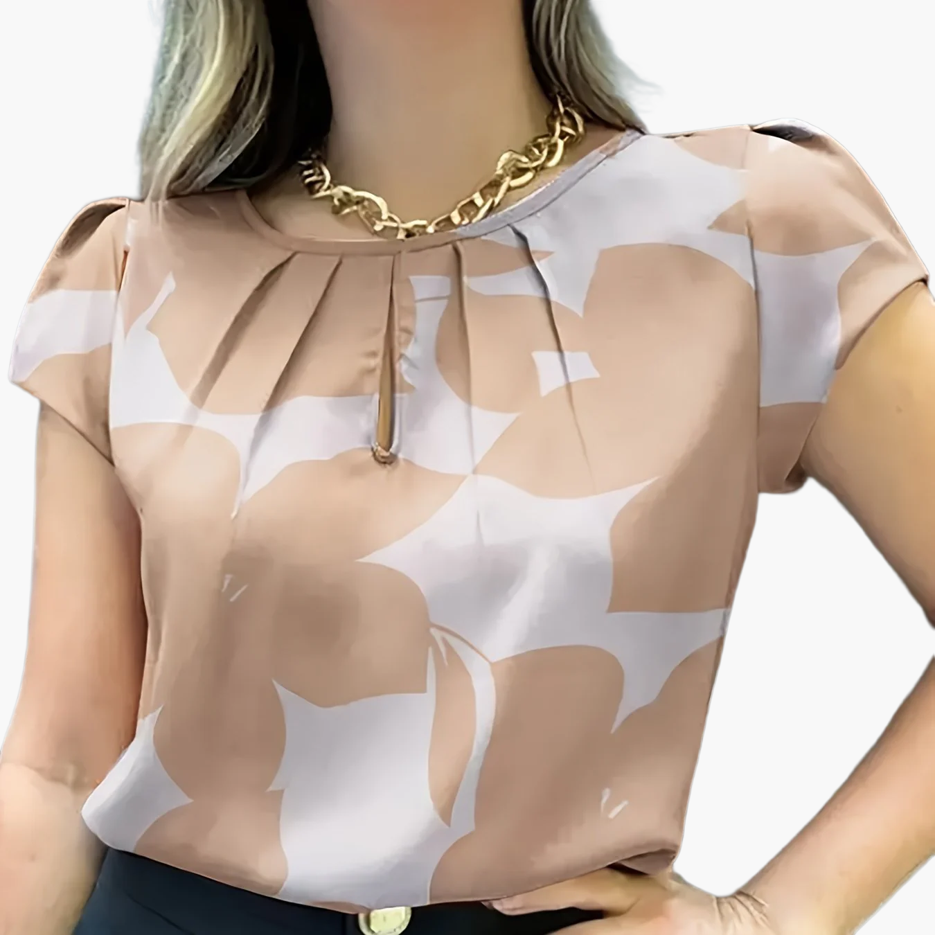 Elegant blus för kvinnor med abstrakt mönster, korta ärmar, chic stil för kontoret och utflykter